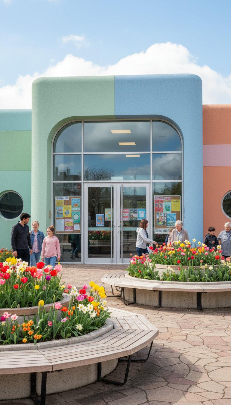 A meticulously detailed image of a community center with smooth, rounded architecture painted in playful pastel tones, surrounded by a whimsical arrangement of curved garden benches and circular planters bursting with colorful tulips and daffodils. The building’s glass doors reflect bright daylight, while neatly arranged noticeboards display posters for upcoming village events. The composition is eye-level, with crisp, even natural lighting casting subtle, welcoming shadows. The scene’s atmosphere radiates inclusivity and excitement, with a vibrant, photographic style enhanced by punchy colors and organic forms, perfectly communicating the village’s heartbeat of activity and warmth.